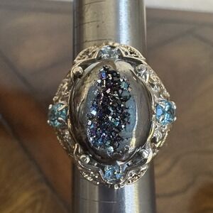 Statement Accent Ring Size 7 Druzy Bornite Crystals Blue Topaz 925 Sterling 9.7g